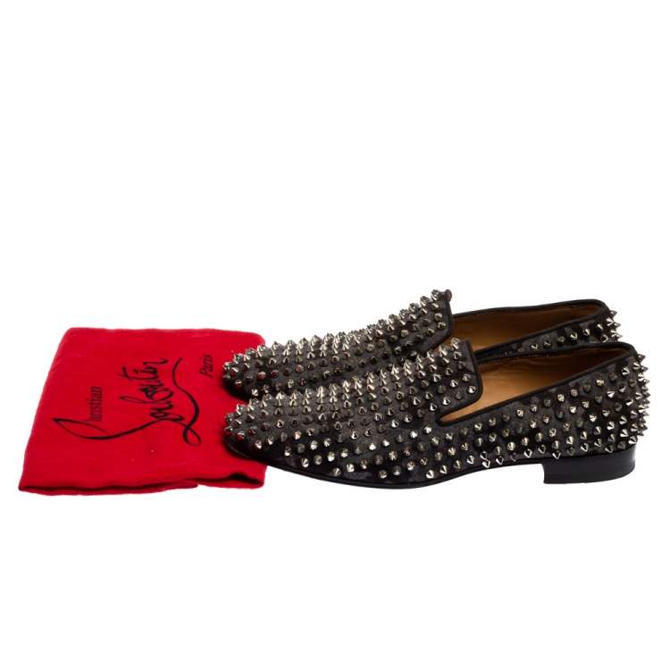 Pre Owned Christian Louboutin Black/Grey Camouflage Flannel Dandelion Spikes Loafer Size 40