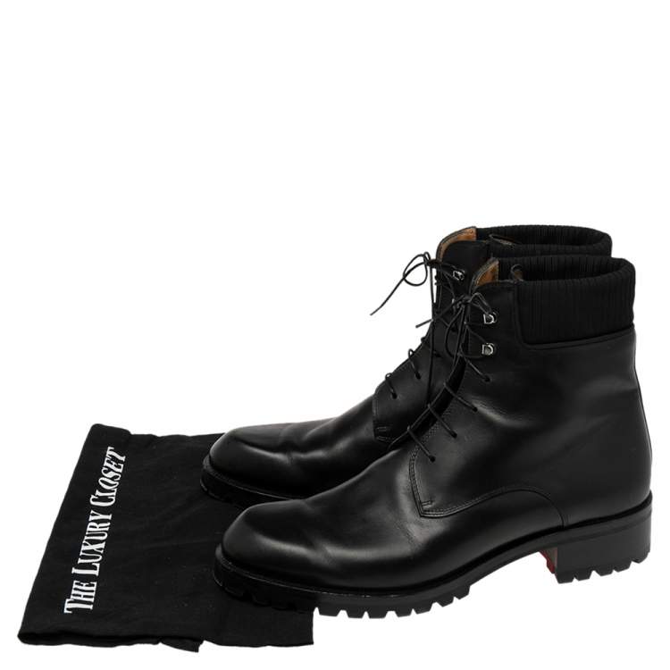 Pre Owned Christian Louboutin Black Leather And Stretch Knit Trapman Ankle Boots Size 45