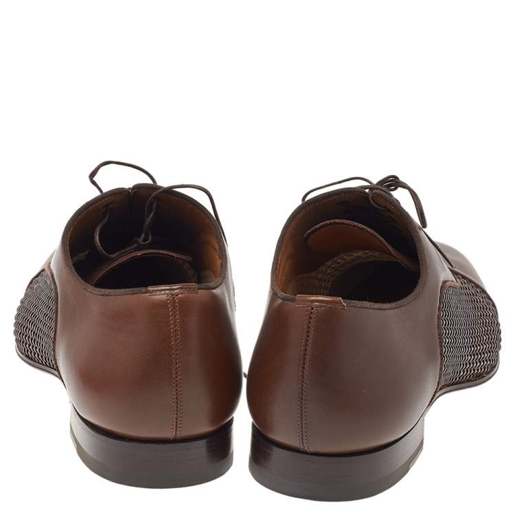 Pre Owned Christian Louboutin Brown Woven Leather Greggo Lace Up Oxford Size 42