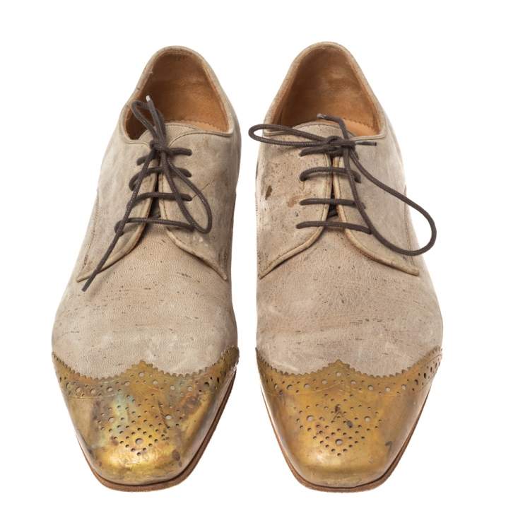 Pre Owned Christian Louboutin Beige Suede Brogue Metal Cap Toe Gareth Derby Size 41.5