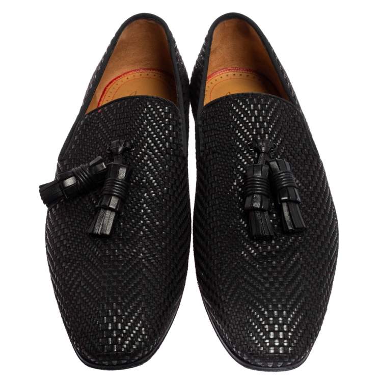 Pre Owned Christian Louboutin Black Woven Leather Dandelion Tassel Detail Loafers Size 46