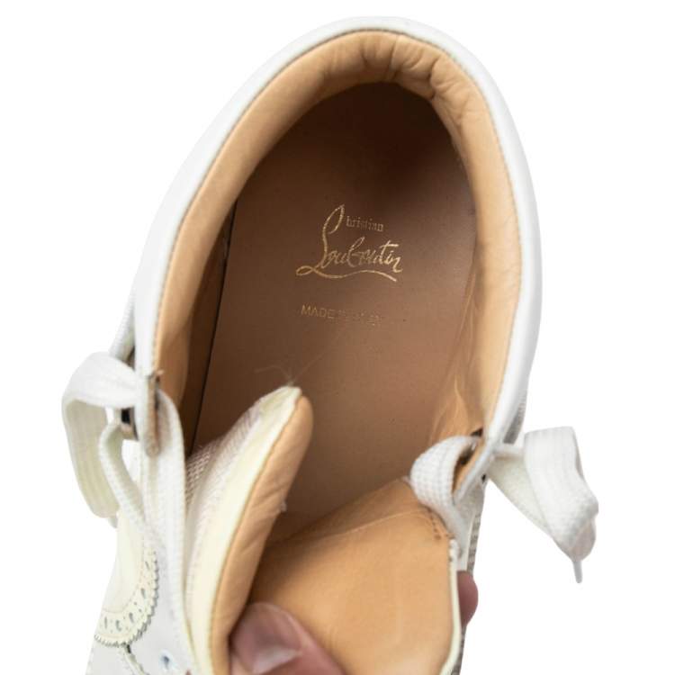 Pre Owned Christian Louboutin White Patent Leather And Leather Loubikick High Top Sneakers Size 45