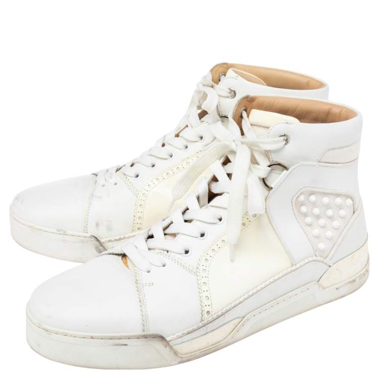 Pre Owned Christian Louboutin White Patent Leather And Leather Loubikick High Top Sneakers Size 45