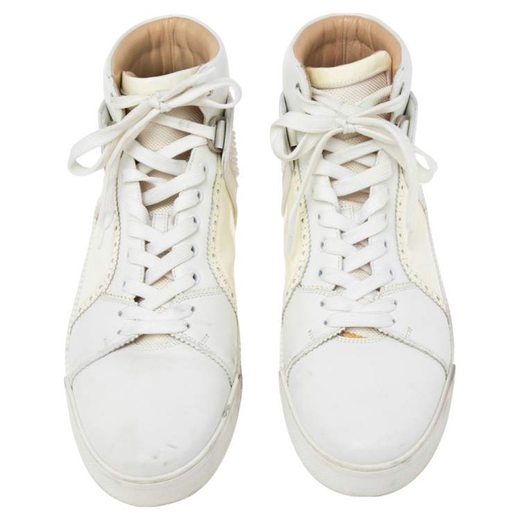 Pre Owned Christian Louboutin White Patent Leather And Leather Loubikick High Top Sneakers Size 45