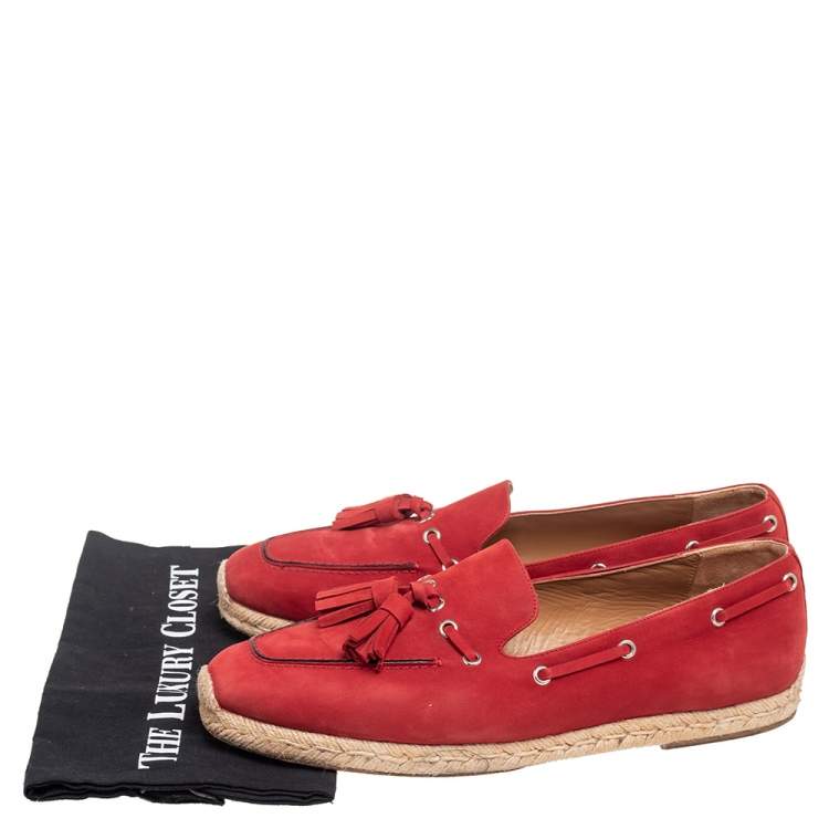 Pre Owned Christian Louboutin Red Nubuck Leather Tassel Embellished Espadrilles Loafers Size 44