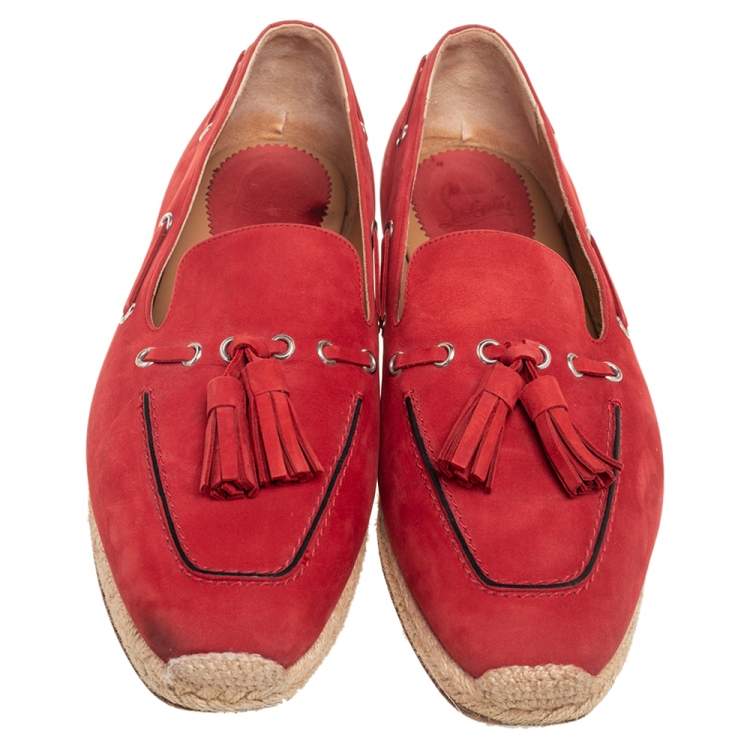 Pre Owned Christian Louboutin Red Nubuck Leather Tassel Embellished Espadrilles Loafers Size 44