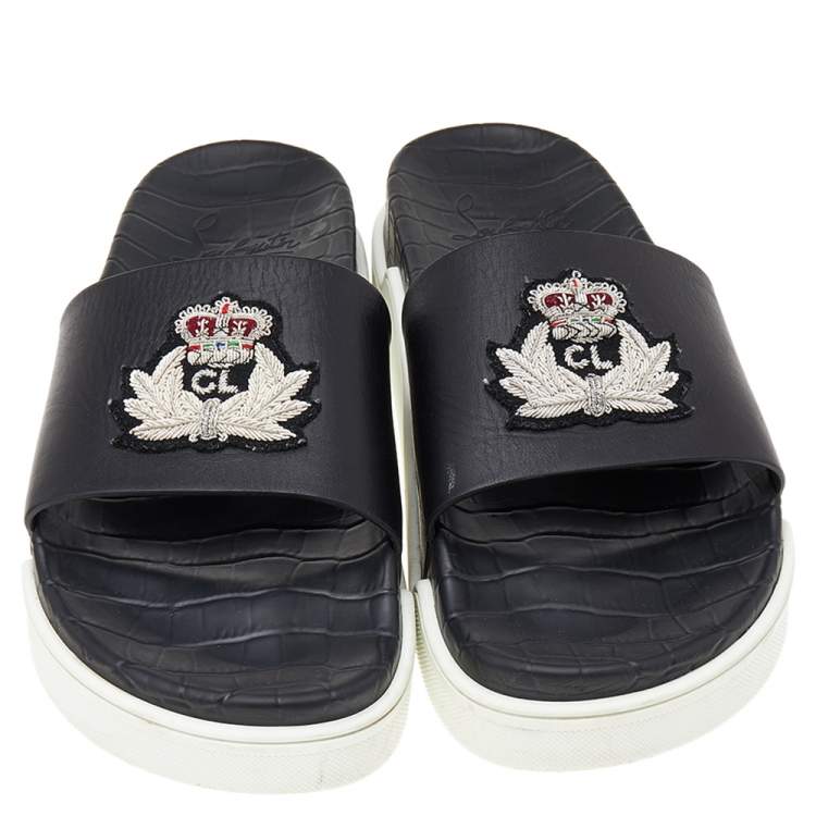 Pre Owned Christian Louboutin Black Leather Crest Slide Sandals Size 46