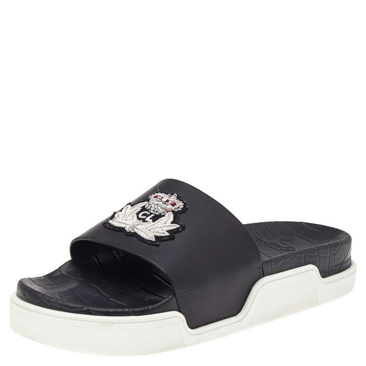 Pre Owned Christian Louboutin Black Leather Crest Slide Sandals Size 46
