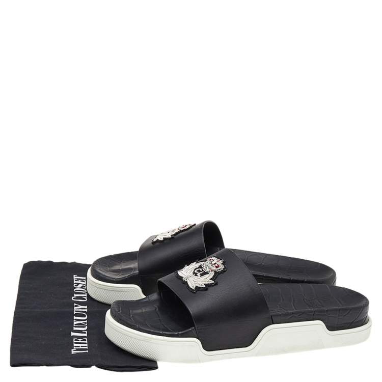 Pre Owned Christian Louboutin Black Leather Crest Slide Sandals Size 46