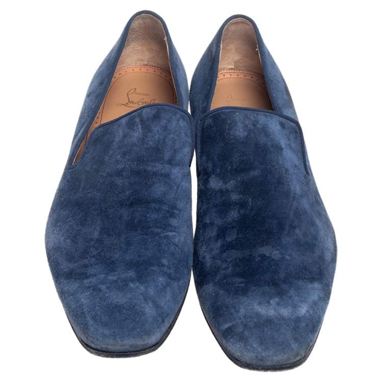 Pre Owned Christian Louboutin Blue Suede Dandelion Grosgrain-Trimmed Loafers Size 45