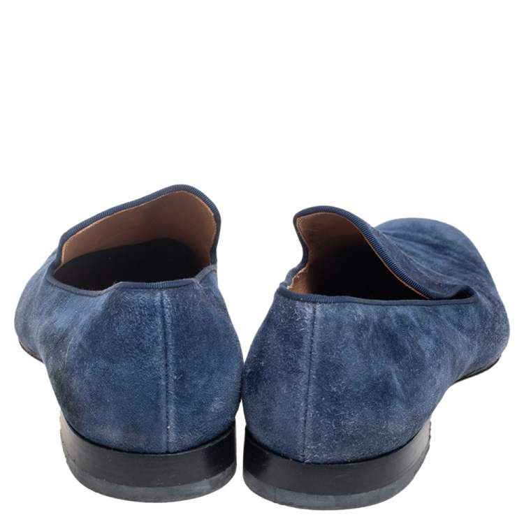 Pre Owned Christian Louboutin Blue Suede Dandelion Grosgrain-Trimmed Loafers Size 45
