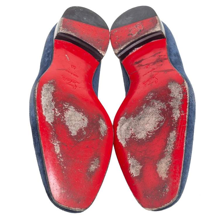 Pre Owned Christian Louboutin Blue Suede Dandelion Grosgrain-Trimmed Loafers Size 45