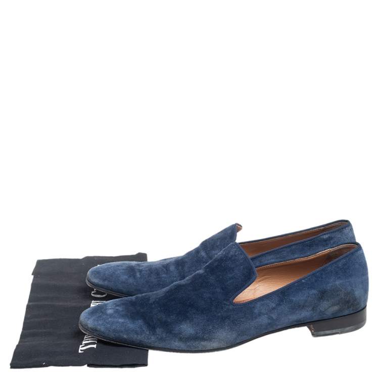 Pre Owned Christian Louboutin Blue Suede Dandelion Grosgrain-Trimmed Loafers Size 45