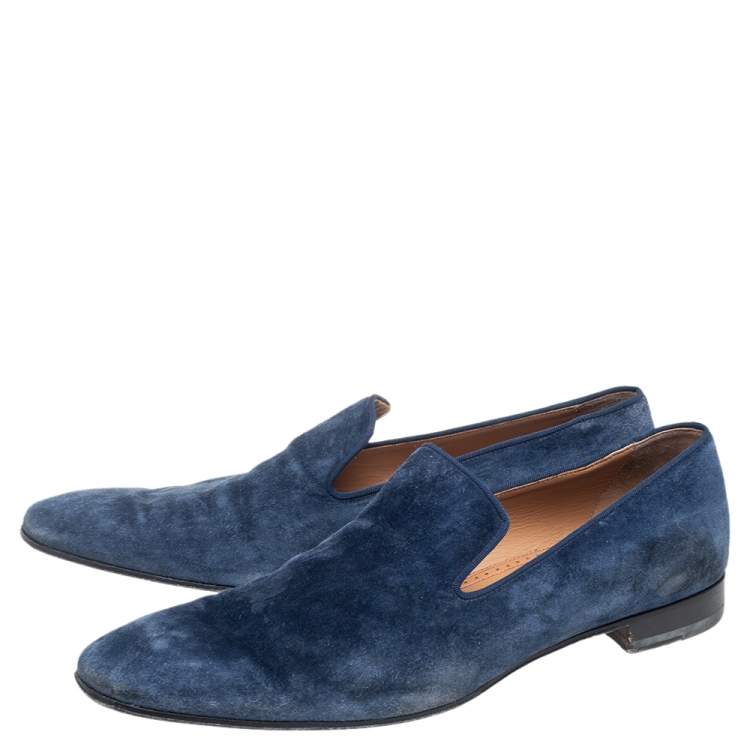 Pre Owned Christian Louboutin Blue Suede Dandelion Grosgrain-Trimmed Loafers Size 45