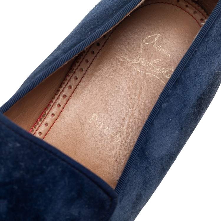 Pre Owned Christian Louboutin Blue Suede Dandelion Grosgrain-Trimmed Loafers Size 45