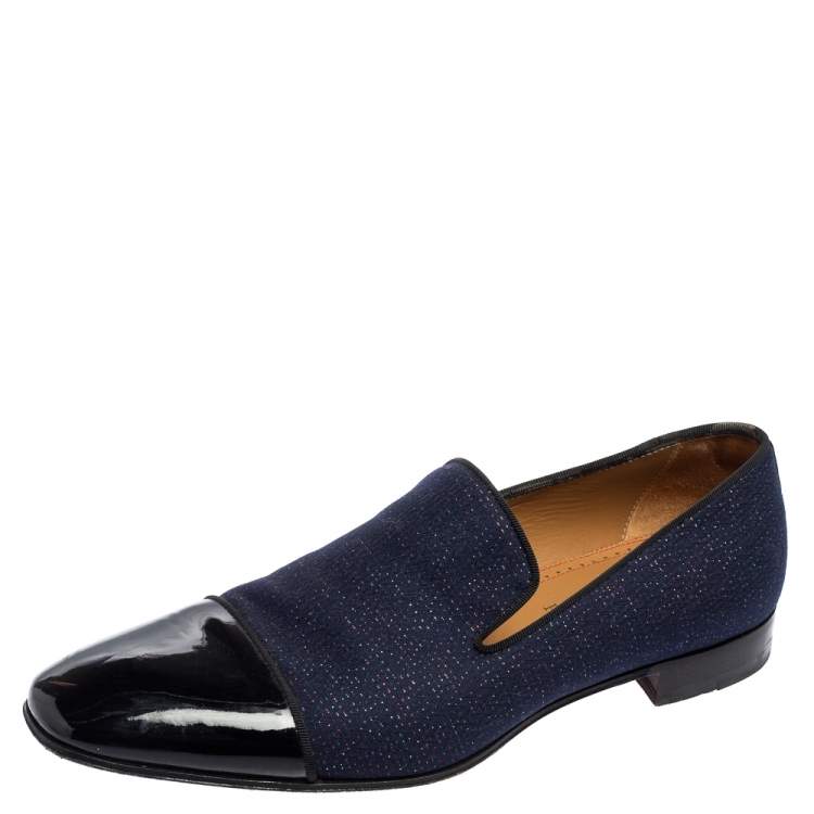 Pre Owned Christian Louboutin Blue/Black Fabric And Patent Leather Dandelion Loafers Size 42