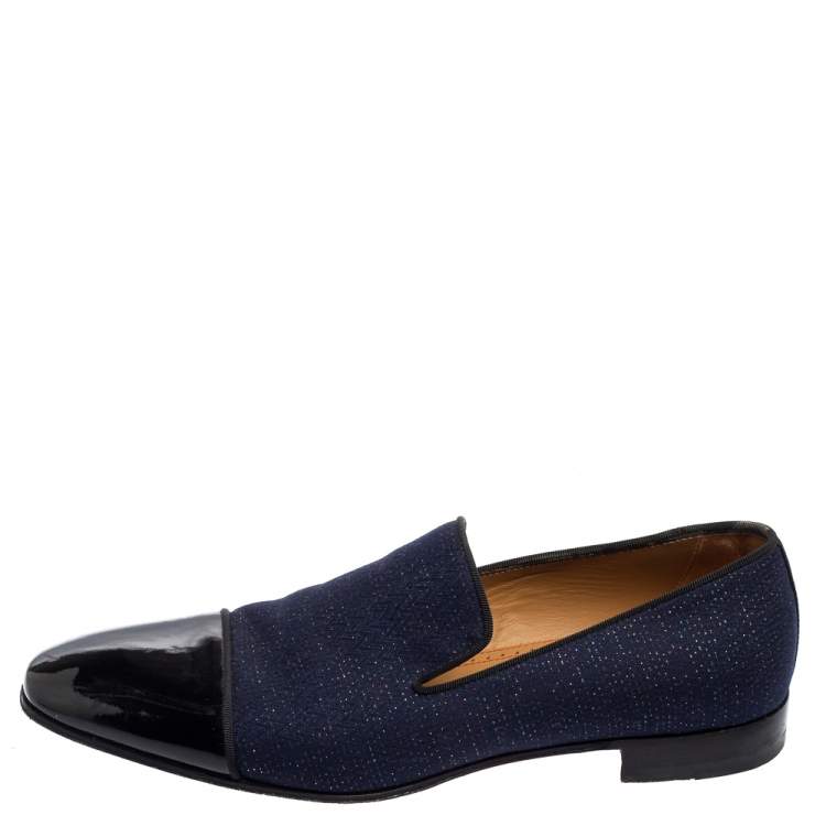 Pre Owned Christian Louboutin Blue/Black Fabric And Patent Leather Dandelion Loafers Size 42