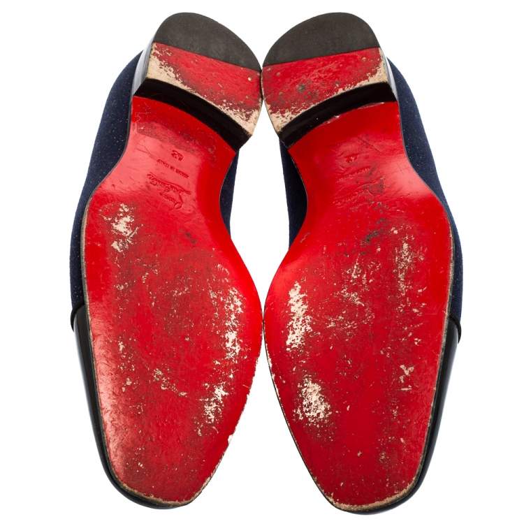 Pre Owned Christian Louboutin Blue/Black Fabric And Patent Leather Dandelion Loafers Size 42