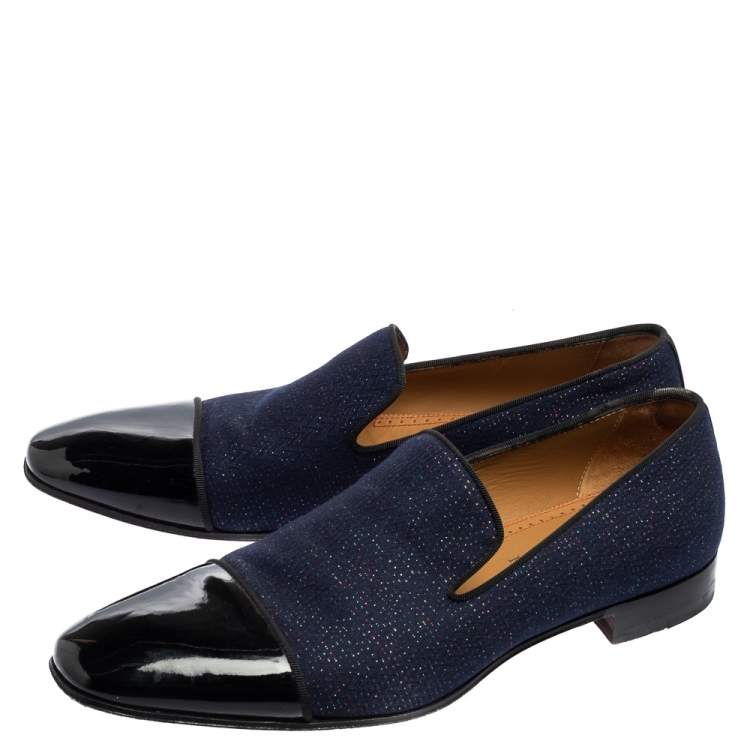 Pre Owned Christian Louboutin Blue/Black Fabric And Patent Leather Dandelion Loafers Size 42