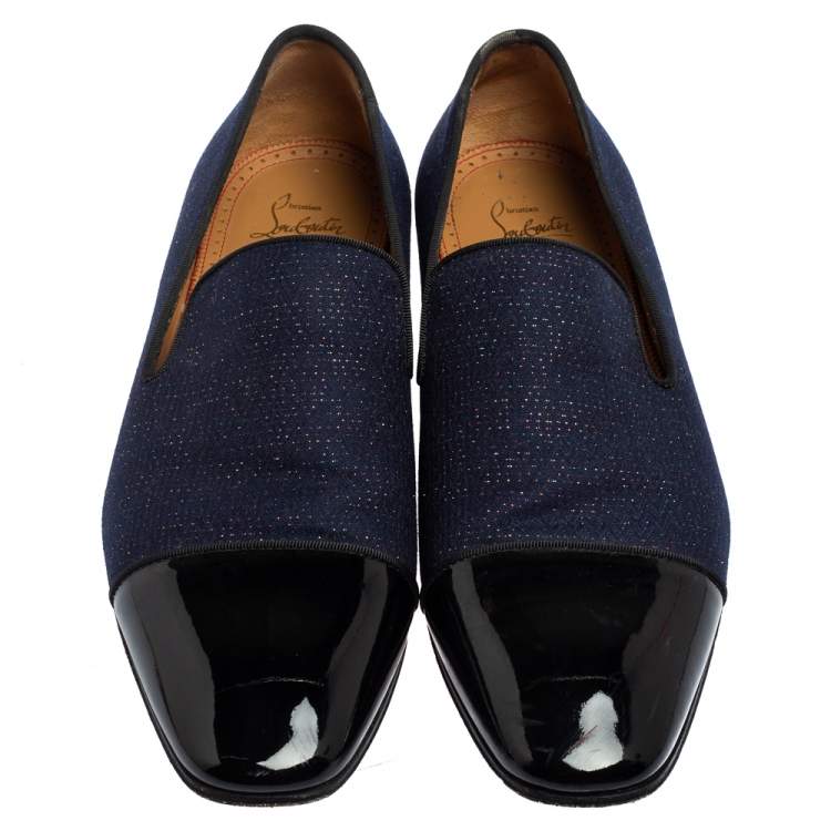 Pre Owned Christian Louboutin Blue/Black Fabric And Patent Leather Dandelion Loafers Size 42