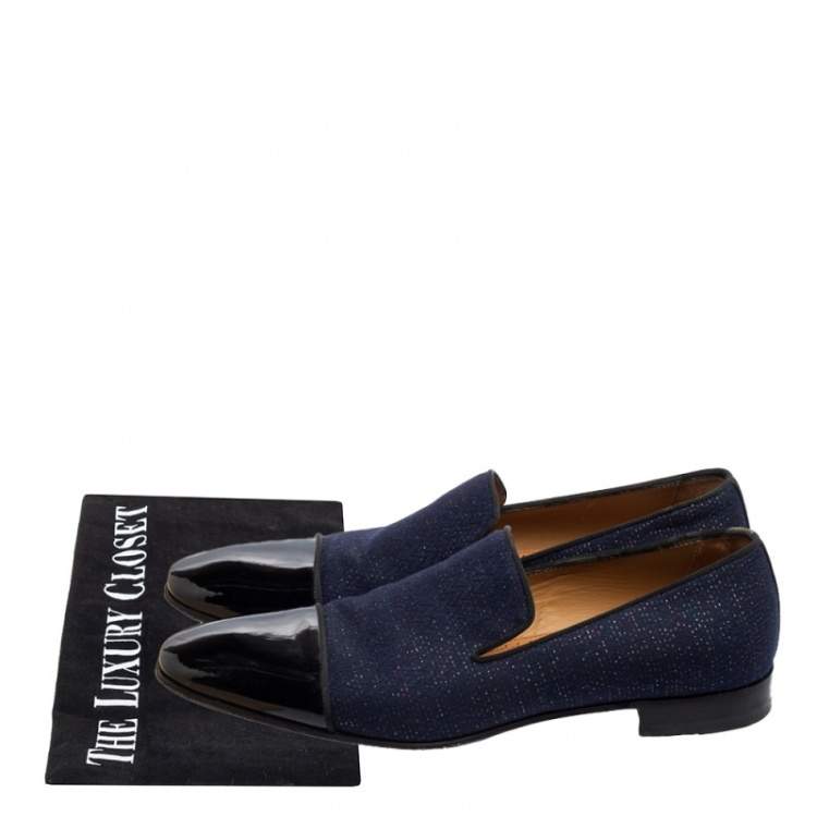 Pre Owned Christian Louboutin Blue/Black Fabric And Patent Leather Dandelion Loafers Size 42