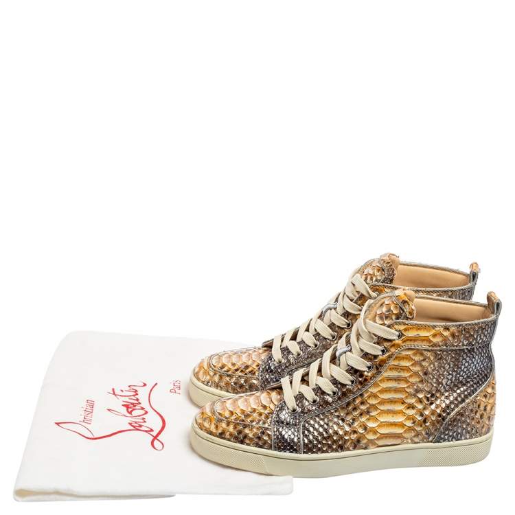 Pre Owned Christian Louboutin Metallic Mustard/Brown Python Leather Rantus Orlato High-Top Sneakers Size 41
