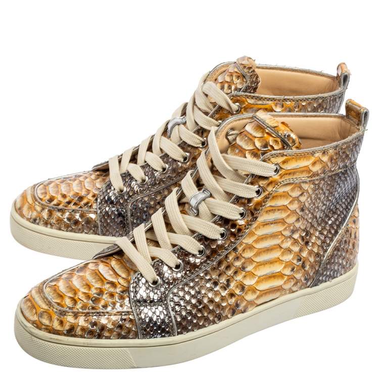 Pre Owned Christian Louboutin Metallic Mustard/Brown Python Leather Rantus Orlato High-Top Sneakers Size 41