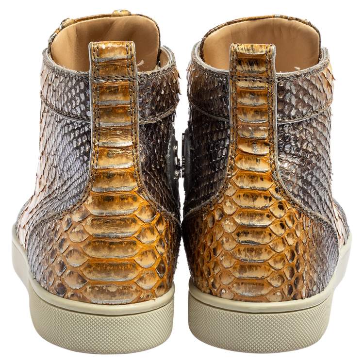 Pre Owned Christian Louboutin Metallic Mustard/Brown Python Leather Rantus Orlato High-Top Sneakers Size 41