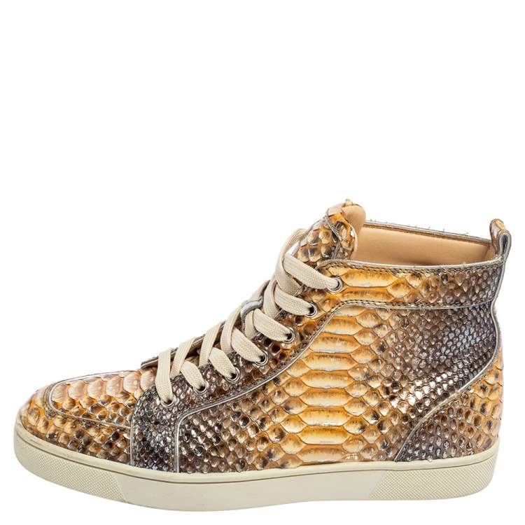 Pre Owned Christian Louboutin Metallic Mustard/Brown Python Leather Rantus Orlato High-Top Sneakers Size 41