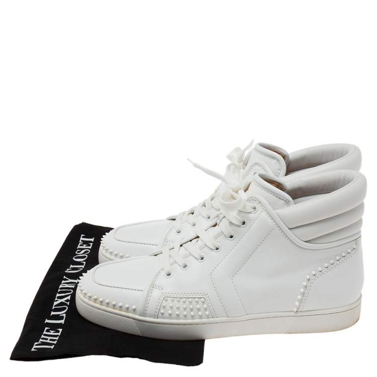 Pre Owned Christian Louboutin White Leather Studded High-Top Sneakers Size 43