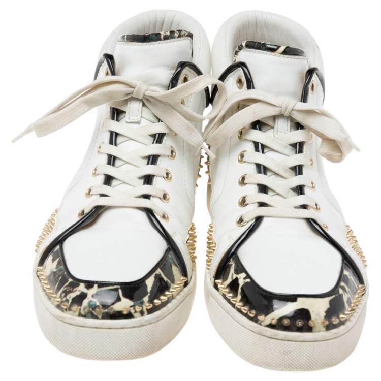 Pre Owned Christian Louboutin White/Black Leather And Patent Leather Sporty Dude High Top Sneakers Size 44