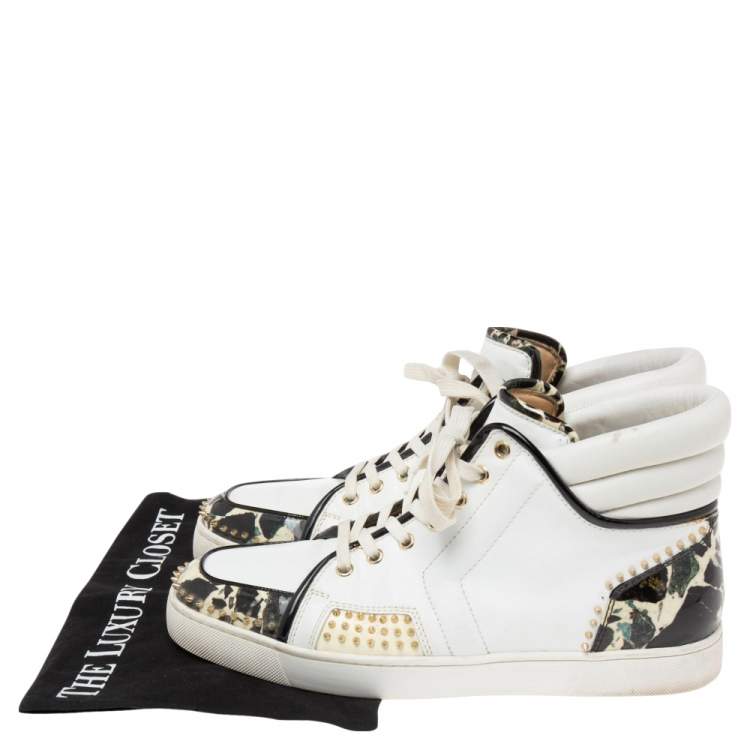 Pre Owned Christian Louboutin White/Black Leather And Patent Leather Sporty Dude High Top Sneakers Size 44