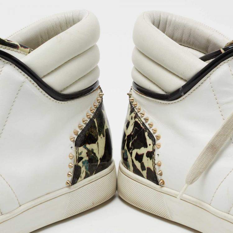 Pre Owned Christian Louboutin White/Black Leather And Patent Leather Sporty Dude High Top Sneakers Size 44