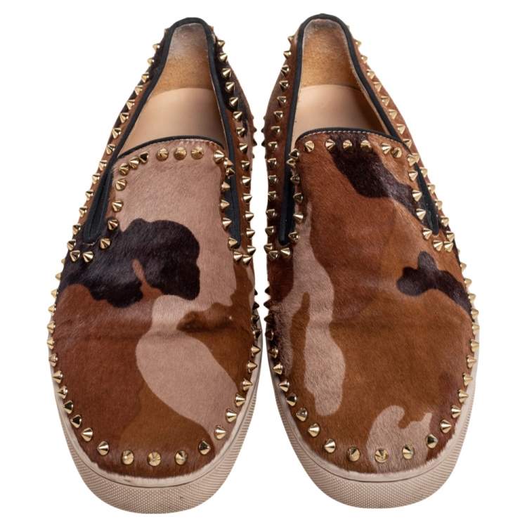Pre Owned Christian Louboutin Tricolor Pony Hair Spike Pik Boat Slip On Sneakers Size 45