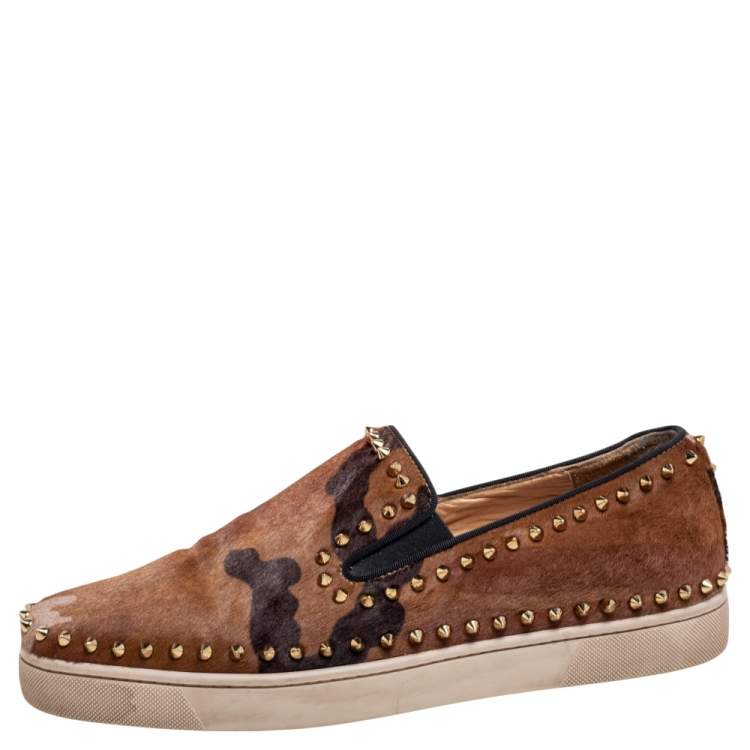 Pre Owned Christian Louboutin Tricolor Pony Hair Spike Pik Boat Slip On Sneakers Size 45