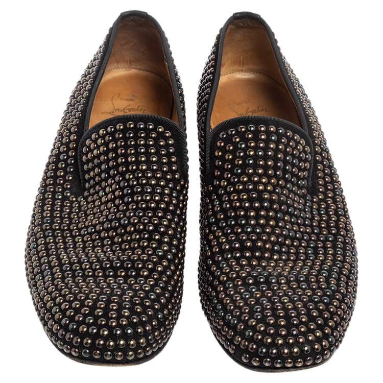 Pre Owned Christian Louboutin Black Studded Suede Smoking Slippers Size 43.5