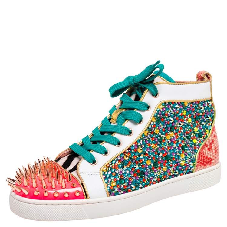 Christian Louboutin Multicolor Crystal Embellished Suede, Calf Hair and Patent Leather No Spikes Sneakers Size 42 Christian Louboutin | TLC