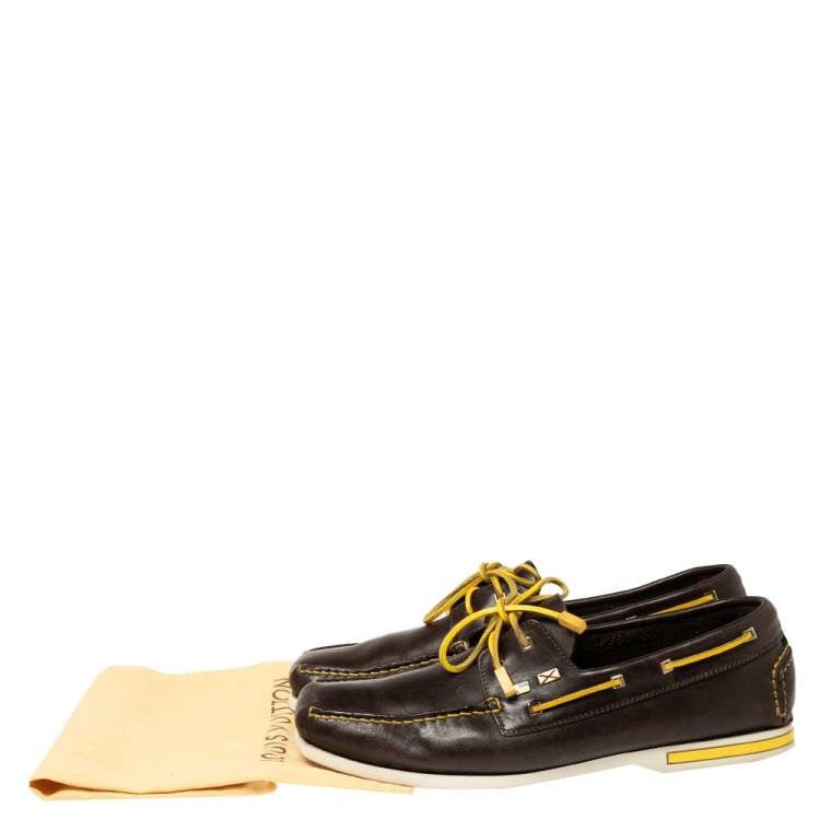 Pre Owned Christian Louboutin Brown/Yellow Leather Sail Boat Loafers Size 45