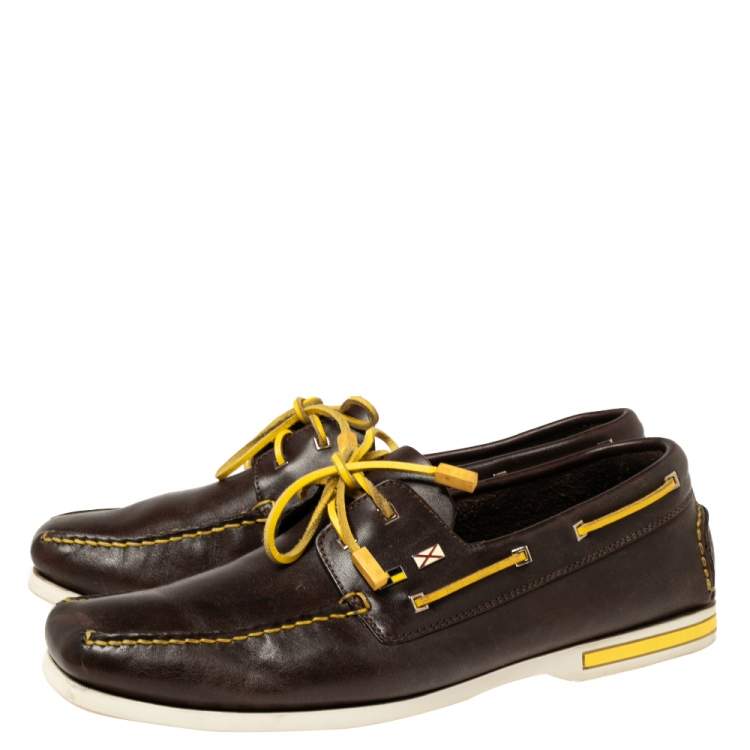 Pre Owned Christian Louboutin Brown/Yellow Leather Sail Boat Loafers Size 45