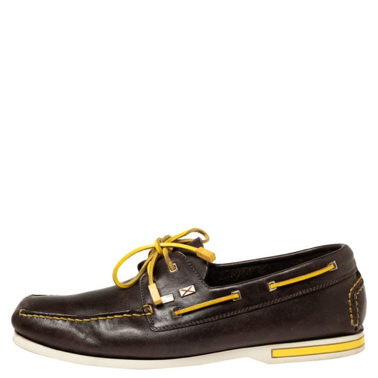 Pre Owned Christian Louboutin Brown/Yellow Leather Sail Boat Loafers Size 45