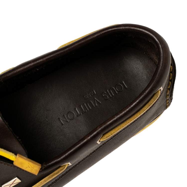 Pre Owned Christian Louboutin Brown/Yellow Leather Sail Boat Loafers Size 45