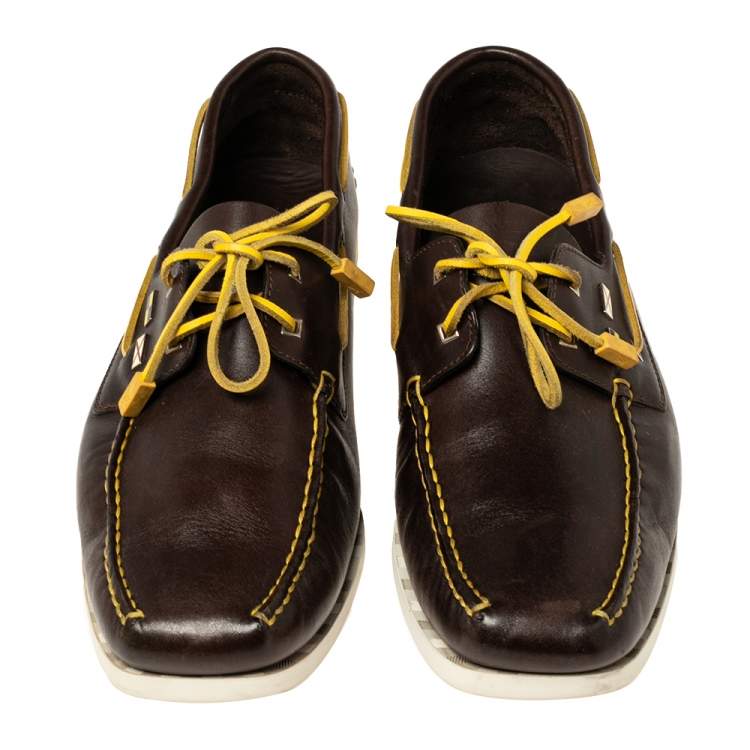 Pre Owned Christian Louboutin Brown/Yellow Leather Sail Boat Loafers Size 45