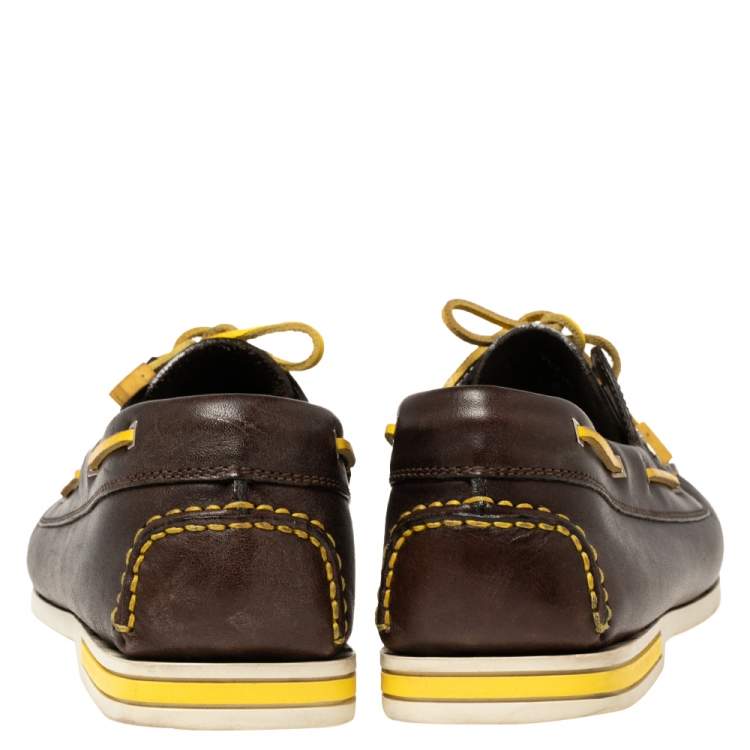 Pre Owned Christian Louboutin Brown/Yellow Leather Sail Boat Loafers Size 45