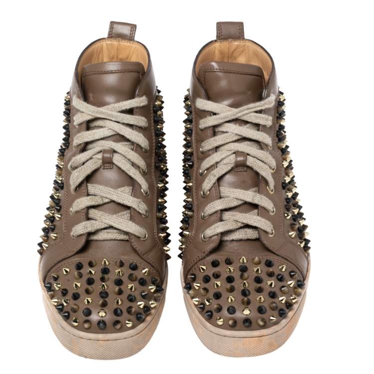 Pre Owned Christian Louboutin Brown Leather Louis Orlato Spike High-Top Sneakers Size 42