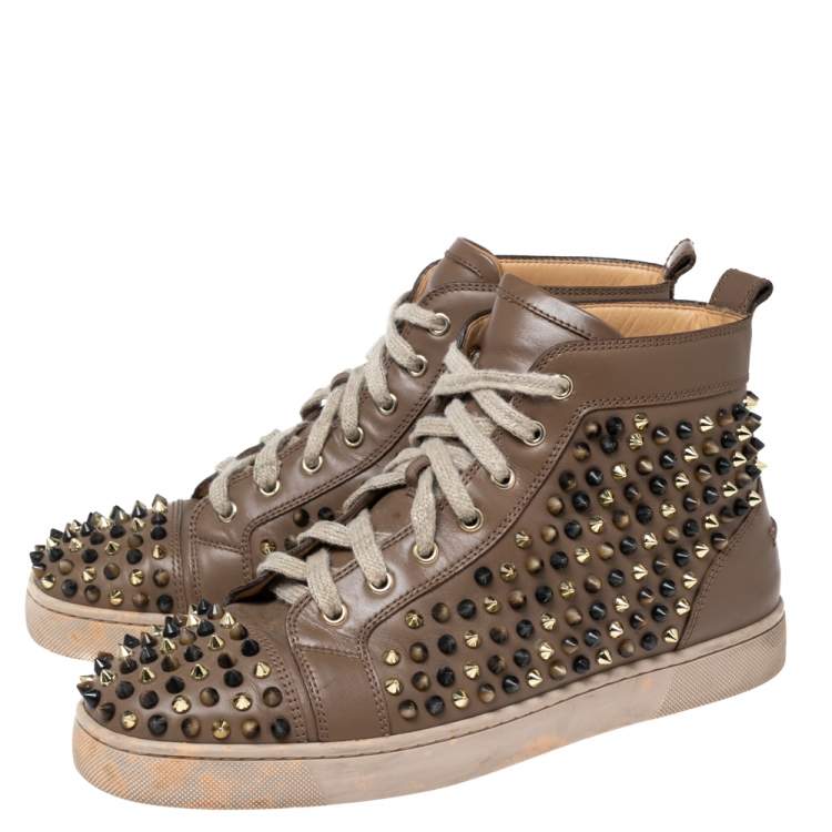 Pre Owned Christian Louboutin Brown Leather Louis Orlato Spike High-Top Sneakers Size 42