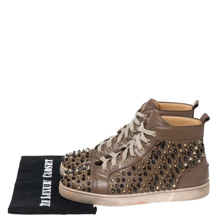 Pre Owned Christian Louboutin Brown Leather Louis Orlato Spike High-Top Sneakers Size 42