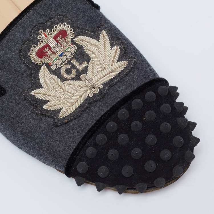 Pre Owned Christian Louboutin Grey/Black Wool and Suede Harvanana Spiked Cap-Toe Smoking Slippers Size 41