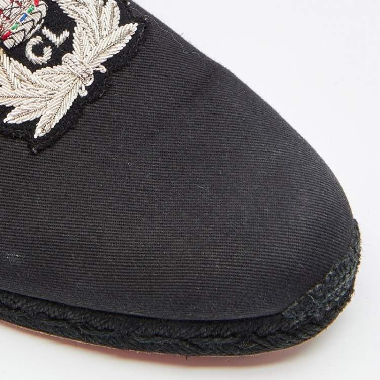 Pre Owned Christian Louboutin Black Canvas Gala Embroidered Espadrille Slip On Loafers 46
