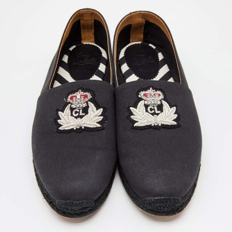 Pre Owned Christian Louboutin Black Canvas Gala Embroidered Espadrille Slip On Loafers 46