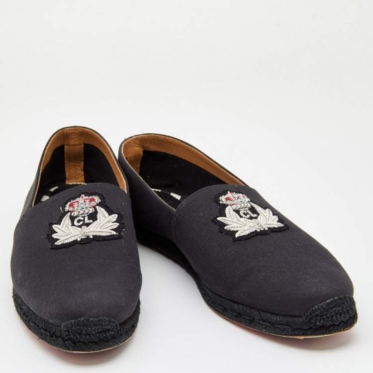 Pre Owned Christian Louboutin Black Canvas Gala Embroidered Espadrille Slip On Loafers 46